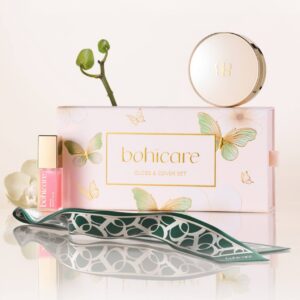 BOHICARE GLOSS & COVER SET – элегантный набор, включающий кушон с адаптивным покрытием, питательное масло для губ с пептидами и шарф-твилли в классическом стиле